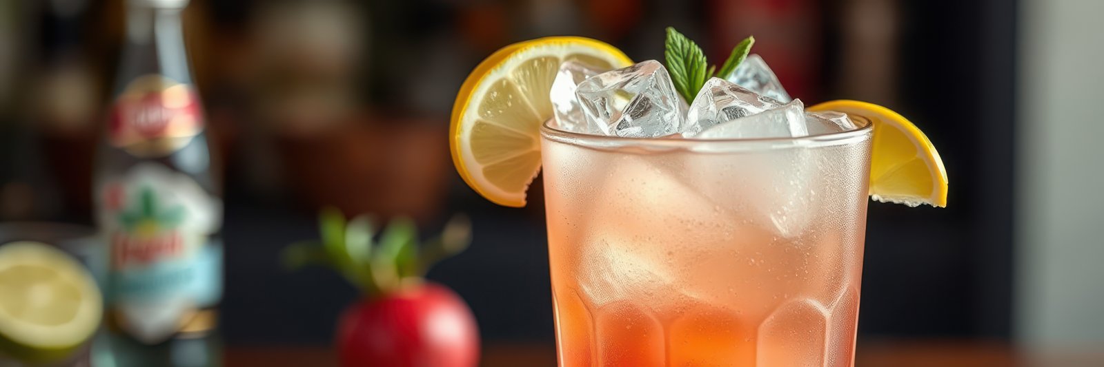Refreshing cocktail with ice, lemon, and mint served in a glass at a vibrant bar setting